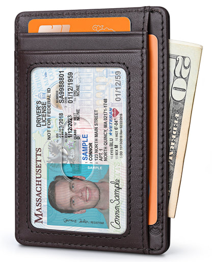 Buffway Slim Wallet for Men Women Minimalist Small Leather Front Pocket Wallets with RFID Blocking and Gifts Box - Bassa Chocolate
