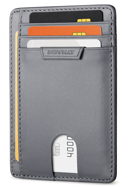 Buffway Slim Wallet for Men Women Minimalist Small Leather Front Pocket Wallets with RFID Blocking and Gifts Box - Bassa Grey