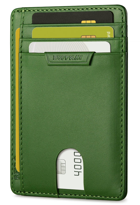 Buffway Slim Wallet for Men Women Minimalist Small Leather Front Pocket Wallets with RFID Blocking and Gifts Box - Bassa Green