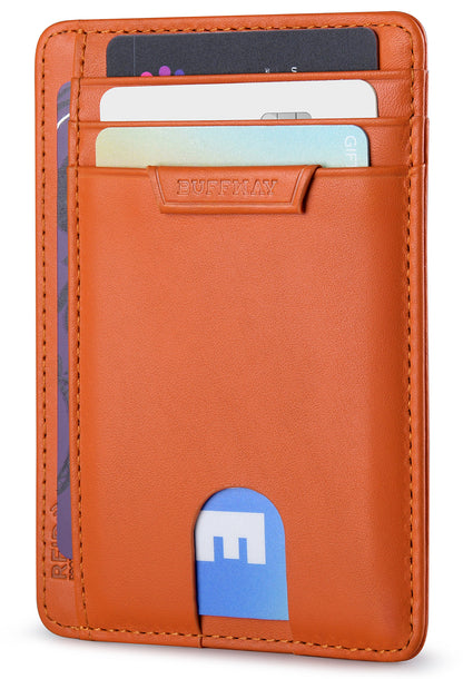 Buffway Slim Wallet for Men Women Minimalist Small Leather Front Pocket Wallets with RFID Blocking and Gifts Box - Bassa Orange