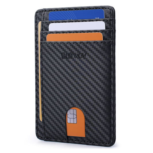 Portefeuilles Buffway Slim Minimaliste en cuir avec poche avant et blocage RFID pour hommes et femmes - Fibre de carbone 